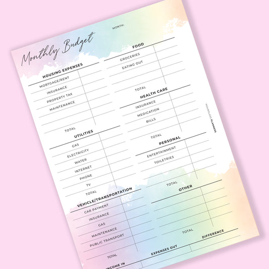 Rainbow Printed: Monthly Budget Planner